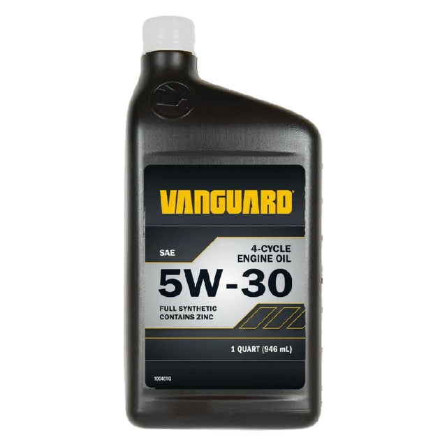 A bottle of Vanguard 5W-30 4-cycle engine oil, 1 quart (546 mL), featuring a black plastic container with a white cap and a black, gray, and yellow label. 100401Q - ENGINE OIL, SYNTHETIC 4 CYCLE 5W-30 320Z. - BRIGGS & STRATTON