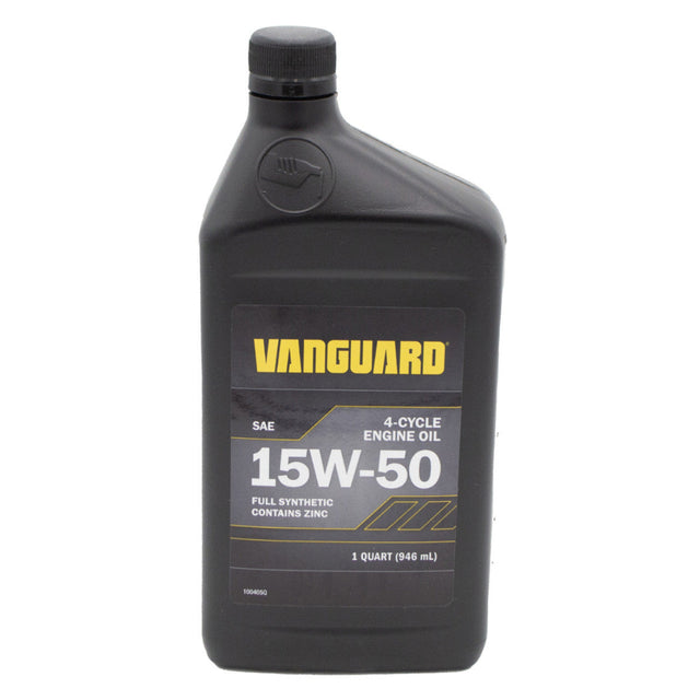 A black plastic bottle of Vanguard 15W-50 4-cycle engine oil with a yellow and black label, isolated on a white background. 100405Q - ENGINE OIL, SYNTHETIC 4 CYCLE 15W-50 320Z. - BRIGGS & STRATTON