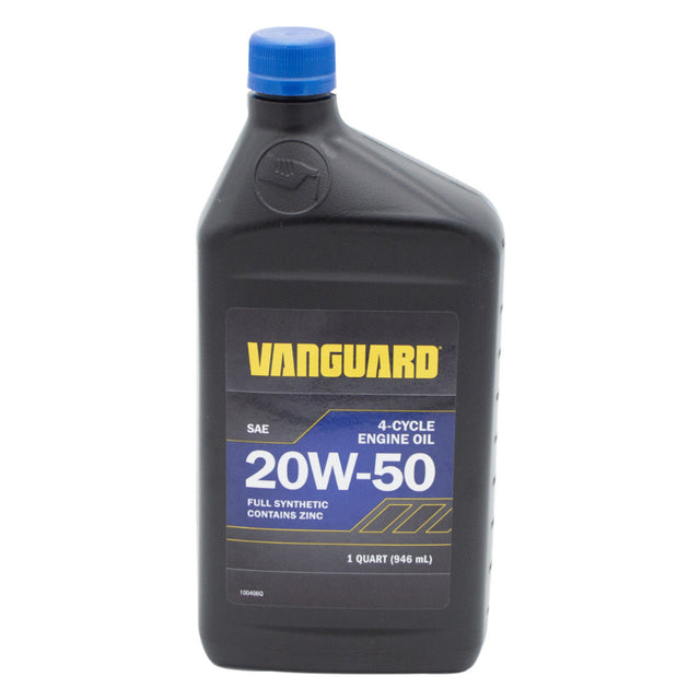 A black plastic bottle of Vanguard 20W-50 4-cycle engine oil with a blue cap and a black, blue, and yellow label, isolated on a white background. 100406Q - ENGINE OIL, SYNTHETIC 4 CYCLE 20W-50 320Z. - BRIGGS & STRATTON