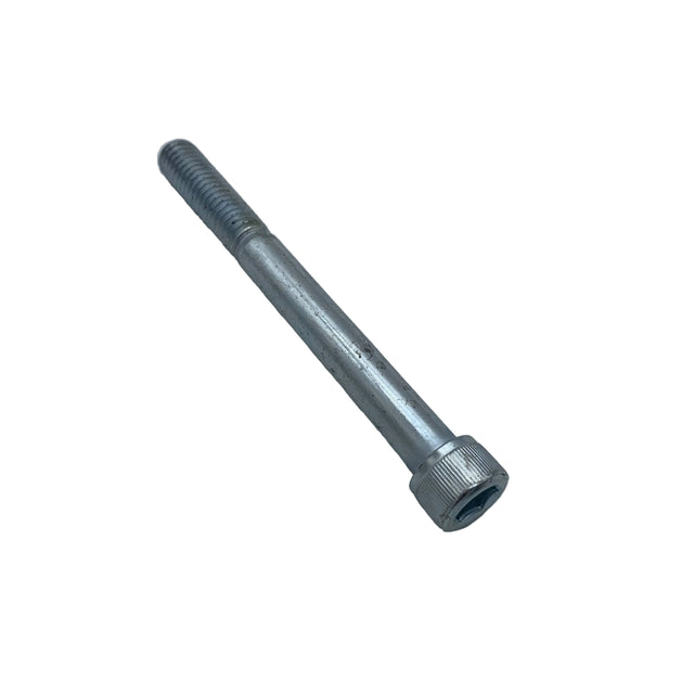 A galvanized steel hex head bolt with a threaded shank and a hex socket head, photographed on a light gray surface. 200-0059-250-S05 - SHCS,3/8-16 x 2.5 ZN - ARGO PARTS