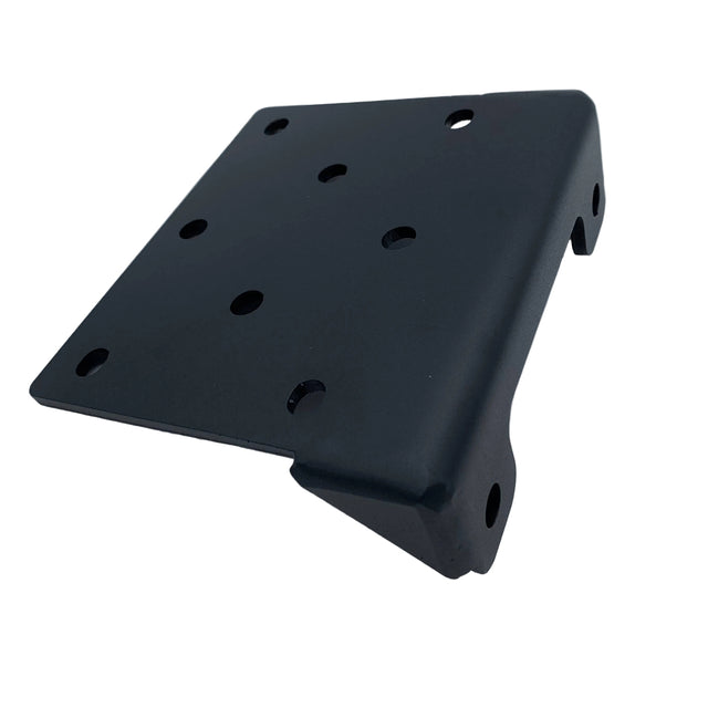 A black metal mounting bracket with multiple screw holes, photographed on a plain light gray background. 300-2010 - PLATE WLDT, MOUNT - AXON WINCH - ARGO PARTS