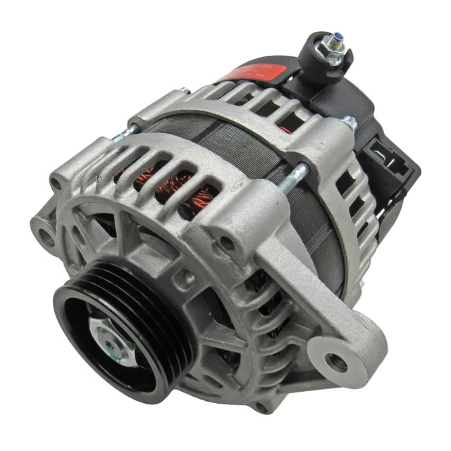 A car alternator with a silver aluminum housing, black pulley, and internal copper windings, shown on a white background. 3040-003 - ALTERNATOR - ARCTIC CAT PARTS