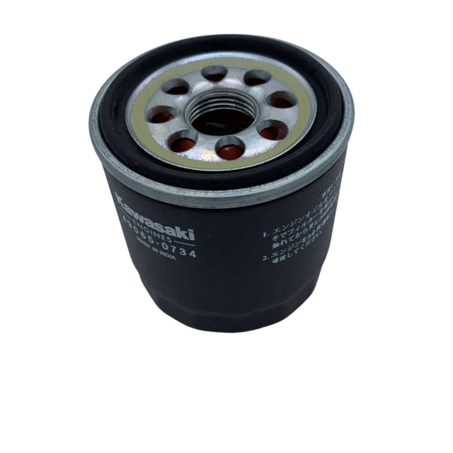 A Kawasaki engine oil filter with a black body, silver metal top, and white printed brand and part number markings, shown on a plain light gray background. 49065-0734 - OIL FILTER - KAWASAKI ENGINE PARTS