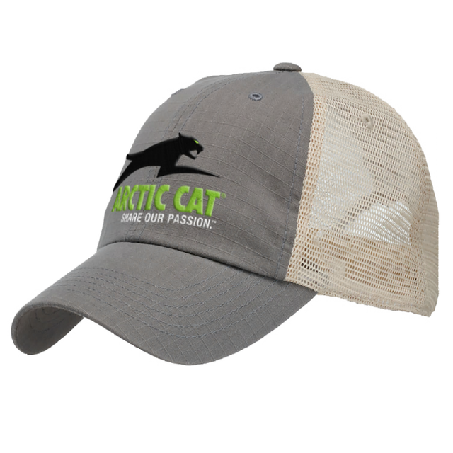 A gray and beige trucker-style baseball cap with a black cat logo and green 'ARCTIC CAT' text on the front panel. 5327-110 - HAT, AIR CAT 2027, GRAY - ARCTIC CAT CLOTHING