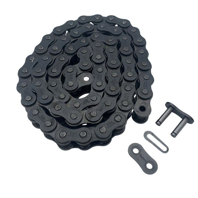 A coiled black metal chain with two small metal hardware pieces placed beside it on a plain light background. 606-101 - CHAIN RC60-1X68P - FR650HD - ARGO PARTS