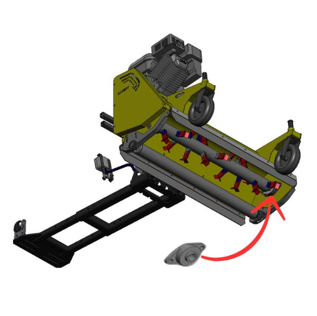 Rammy lawn mower deck attachment shown on a white background, with a black frame, olive green deck housing, gray wheels and engine components, red internal blades, and a red arrow indicating motion. A Rammy logo appears in the top left. 74130149-1 - BEARING (SHAFT/DRUM) - RAMMY PARTS