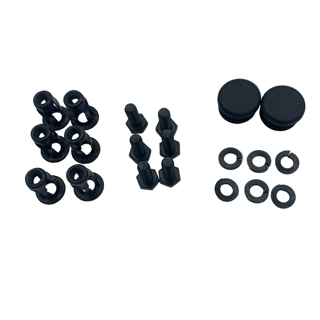 A set of black plastic hardware components, including four pairs of flat washers, four hex-head screws, and four larger circular end caps, arranged on a light gray surface. 900-0065HDW - HARDWARE, HANDRAIL ACC - 8X8 - ARGO PARTS