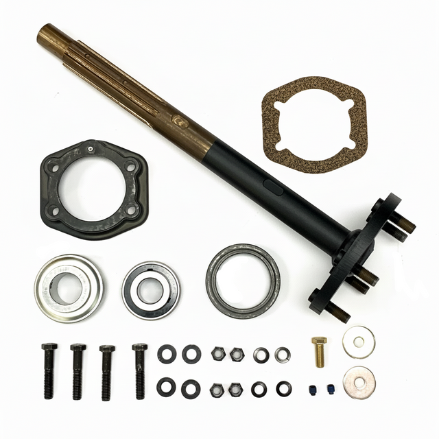 A mechanical repair kit laid out on a white background, including a long black and bronze shaft, two circular gaskets, two metal bearings, several black bolts, washers, nuts, and a small brass screw. BAK-220HDB-AM - HD 1.25" BEARING, AXLE & FLANGE KIT - MIDDLE (2010-2017) - AFTERMARKET