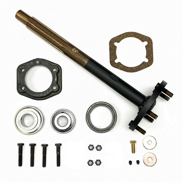 A mechanical repair kit laid out on a white background, including a long black and bronze shaft, two circular gaskets, two metal bearings, several black bolts, washers, nuts, and a small brass screw. BAK-220HDB-AM - HD 1.25" BEARING, AXLE & FLANGE KIT - MIDDLE (2010-2017) - AFTERMARKET
