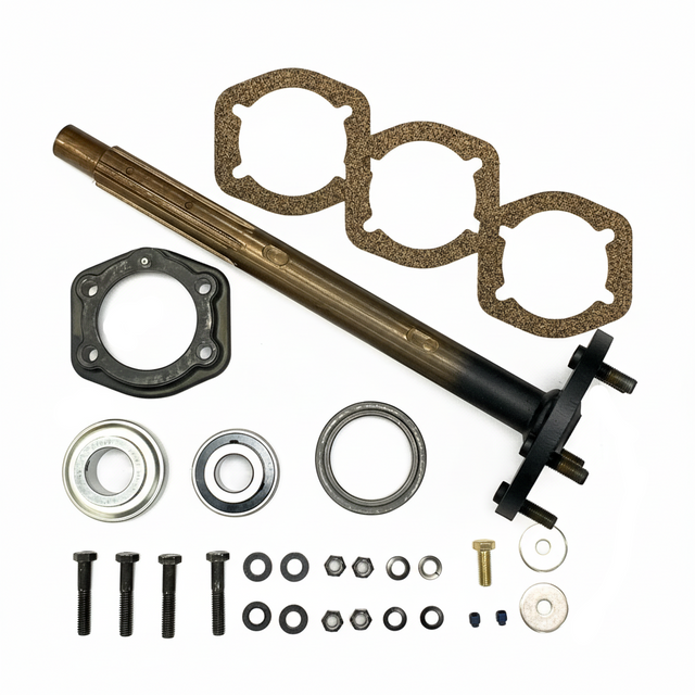 A mechanical parts kit laid out on a white background, including a long metal shaft, black and silver rings, several gaskets, bolts, washers, and small hardware. - BAK-221HDB-AM - HD 1.25" BEARING, AXLE & FLANGE KIT - FRONT/REAR (2010-2017) - AFTERMARKET