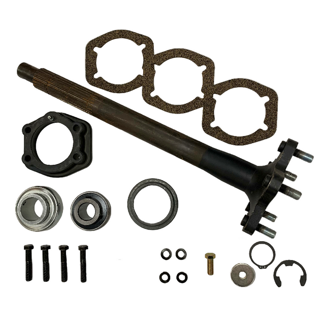 A mechanical parts kit laid out on a white background, including a long metal shaft, wheel hub assembly, gaskets, bearings, seals, washers, screws, bolts, and small hardware. BAK-321HDB-AM - HD 1.375" BEARING, AXLE & FLANGE KIT - FRONT/REAR (2017+) - AFTERMARKET