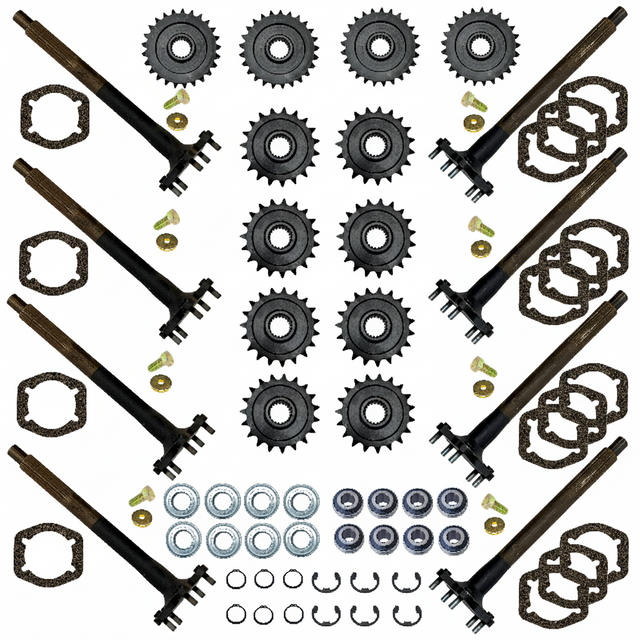 A complete mechanical parts kit laid out on a white background, including black sprockets, dark metal shafts with splined ends, small silver and gold hardware, washers, clips, and gaskets. BAK-400HDB-AM Argo parts