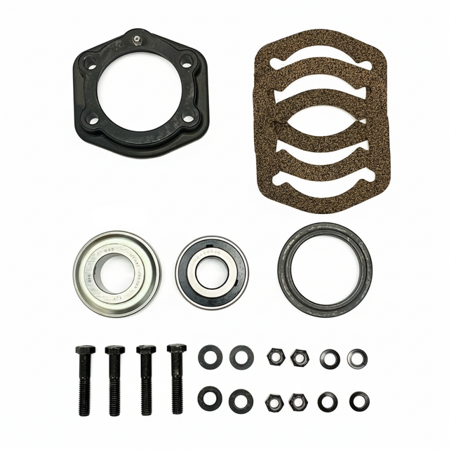 A mechanical parts kit laid out on a white background, including a black circular gasket, a brown textured pad, two metal bearings, washers, and nuts. BK-211HDB-AM - HD 1.25" BEARING & FLANGE KIT - FRONT/REAR (2010-2017) - AFTERMARKET