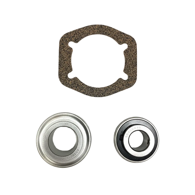 A set of mechanical replacement parts on a white background, including a brown textured gasket, two ball bearings (one showing the inner race and one showing the outer race), and two small blue screws. BK-300HDB-AM - HD 1.375" BEARING KIT - MIDDLE (2017+) - AFTERMARKET