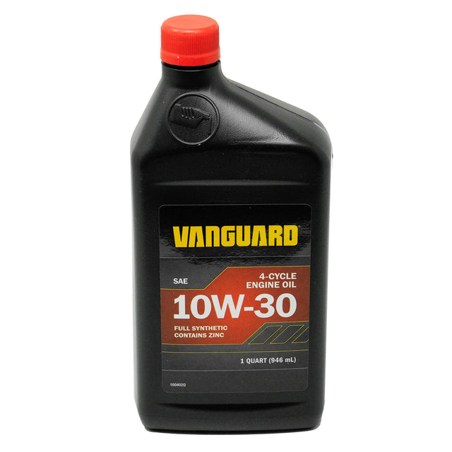 A black plastic bottle of Vanguard 10W-30 4-cycle engine oil with a red cap and a black, orange, and yellow label, shown on a plain white background. 100402Q - ENGINE OIL, SYNTHETIC 4 CYCLE 10W-30 320Z. - BRIGGS & STRATTON