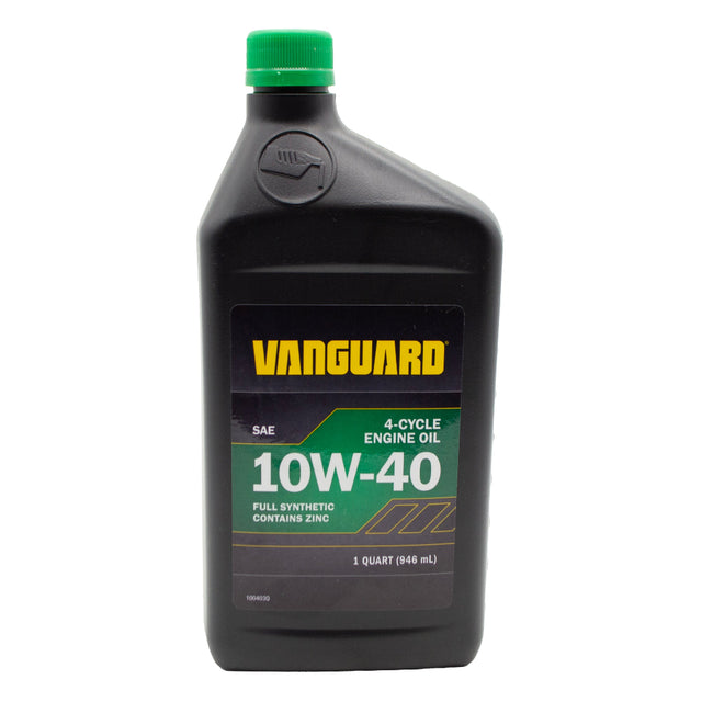 A 2 quart (1 L) bottle of Vanguard 10W-40 4-cycle engine oil with a green cap, on a plain white background.  100403Q - ENGINE OIL, SYNTHETIC 4 CYCLE 10W-40 320Z. - BRIGGS & STRATTON