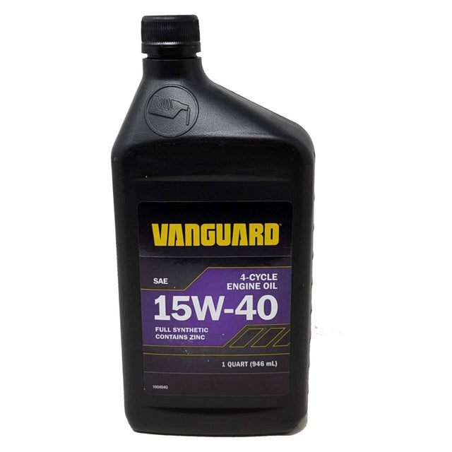 A black plastic bottle of Vanguard 15W-40 4-cycle engine oil with a black cap and a black, purple, and yellow label, shown on a plain white background. 100404Q - ENGINE OIL, SYNTHETIC 4 CYCLE 15W-40 320Z. - BRIGGS & STRATTON