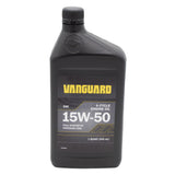A black plastic bottle of Vanguard 15W-50 4-cycle engine oil with a yellow and black label, isolated on a white background. 100405Q - ENGINE OIL, SYNTHETIC 4 CYCLE 15W-50 320Z. - BRIGGS & STRATTON