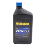 A black plastic bottle of Vanguard 20W-50 4-cycle engine oil with a blue cap and a black, blue, and yellow label, isolated on a white background. 100406Q - ENGINE OIL, SYNTHETIC 4 CYCLE 20W-50 320Z. - BRIGGS &amp; STRATTON
