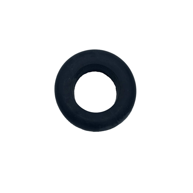 A black rubber O-ring or gasket photographed from above on a light gray surface. 200-0148-001-010 - GROMMET, ROUND 1.00x1.75x0.563 - ARGO PARTS