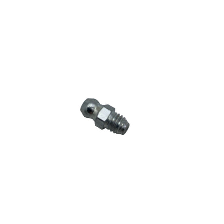 A small silver metal quick-disconnect hose coupling fitting with a hexagonal body and threaded end, placed on a light gray surface. 200-0371-180-S05 - GREASE FITTING, M6-1.0x180 DEG - ZN - ARGO PARTS
