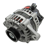 A car alternator with a silver aluminum housing, black pulley, and internal copper windings, shown on a white background. 3040-003 - ALTERNATOR - ARCTIC CAT PARTS