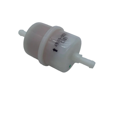 A small translucent white plastic fuel or air filter with black printed text and an arrow, photographed on a plain light gray surface. 49019-0031 - FILTER-FUEL - KAWASAKI ENGINE PARTS