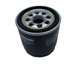 A Kawasaki engine oil filter with a black body, silver metal top, and white printed brand and part number markings, shown on a plain light gray background. 49065-0734 - OIL FILTER - KAWASAKI ENGINE PARTS