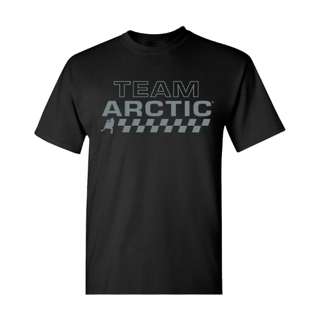 A black short-sleeve crewneck t-shirt featuring a gray graphic print on the chest that reads 'TEAM ARCTIC' above a checkered flag design. 5327-011 - TSHRT, TEAM ARCTIC 2027, BLACK - ARCTIC CAT CLOTHING