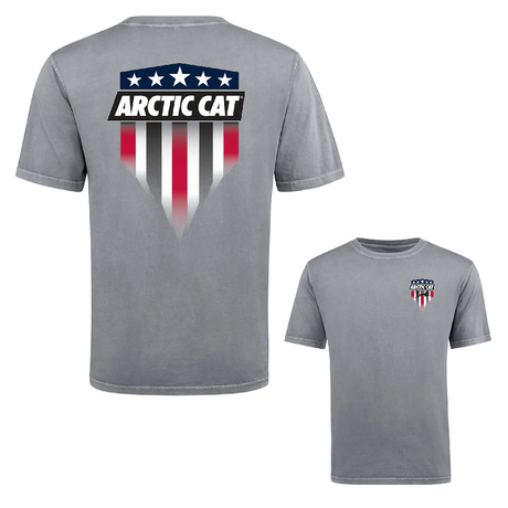 A gray short-sleeve t-shirt shown from both the back and front. The back features a large graphic with the text 'ARCTIC CAT' in white on a black bar, above a shield design with red, white, and gray vertical stripes and a blue star pattern at the top.