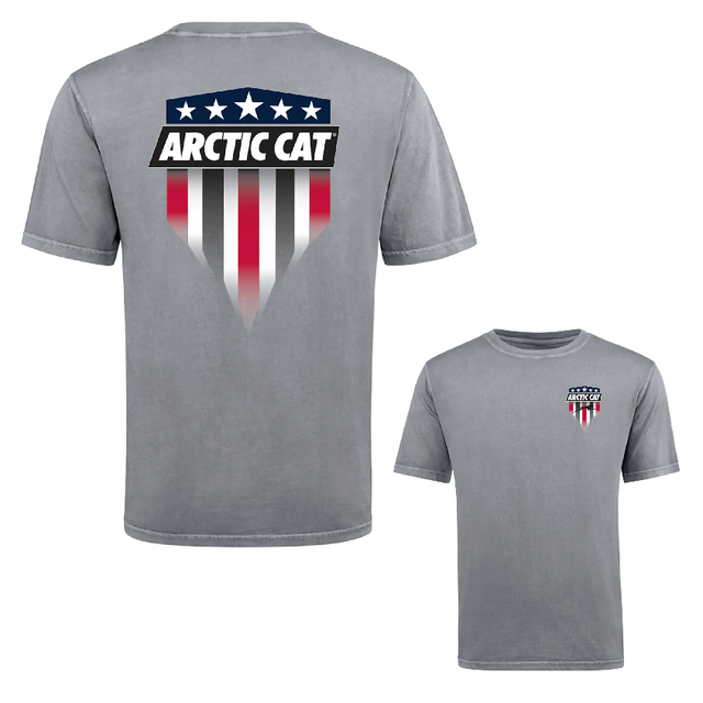 A gray short-sleeve t-shirt shown from both the back and front. The back features a large graphic with the text 'ARCTIC CAT' in white on a black bar, above a shield design with red, white, and gray vertical stripes and a blue star pattern at the top.