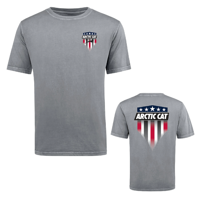 A gray short-sleeve crewneck t-shirt shown from both the front and back. The front features a small chest graphic with the text 'ARCTIC CAT' and a red, white, and blue flag motif.