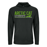 A black pullover hoodie featuring a green and white 'ARCTIC CAT MOTORSPORTS' graphic on the chest, displayed on a clean white background. 5327-05 - HOODIE, MOTORSPORTS 2027, BLACK - ARCTIC CAT CLOTHING
