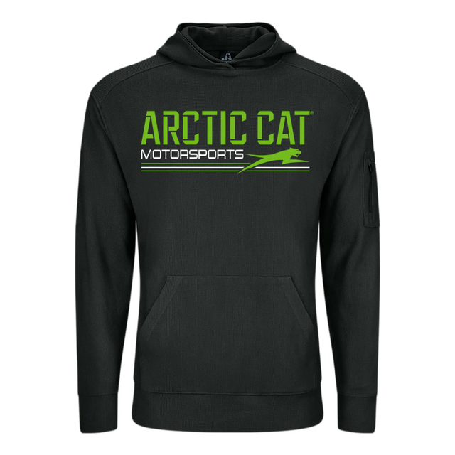 A black pullover hoodie featuring a green and white 'ARCTIC CAT MOTORSPORTS' graphic on the chest, displayed on a clean white background. 5327-05 - HOODIE, MOTORSPORTS 2027, BLACK - ARCTIC CAT CLOTHING