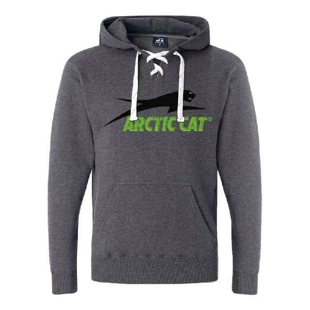A dark heather gray pullover hoodie with white drawstrings tied in a bow at the neckline, featuring a black leaping cat graphic and the word 'ARCTIC CAT' in bright green across the chest. 5327-07 - HOODIE, SKATE LACE 2027, CHARCOAL - ARCTIC CAT CLOTHING