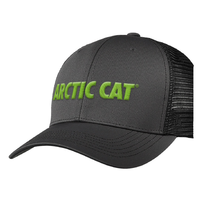 A black trucker-style cap with a curved brim, black mesh back panels, and bright green embroidered 'ARCTIC CAT' text on the front, shown on a plain white background. 5327-100 - HAT, CLASSIC TRUCKER AC 2027, BLACK - ARCTIC CAT CLOTHING