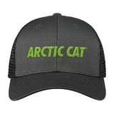 A dark gray trucker hat with black mesh side panels and a curved brim, featuring the brand name 'ARCTIC CAT' embroidered in green across the front. 5327-100 - HAT, CLASSIC TRUCKER AC 2027, BLACK - ARCTIC CAT CLOTHING