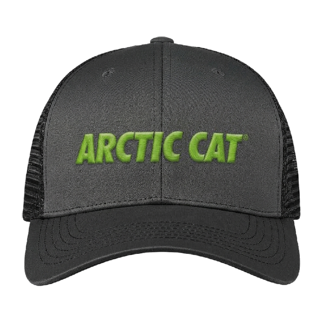 A dark gray trucker hat with black mesh side panels and a curved brim, featuring the brand name 'ARCTIC CAT' embroidered in green across the front. 5327-100 - HAT, CLASSIC TRUCKER AC 2027, BLACK - ARCTIC CAT CLOTHING