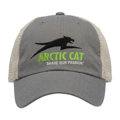 A gray and beige trucker hat with a black polar bear graphic and green and white embroidered text reading 'ARCTIC CAT SHARE OUR PASSION.' on the front panel, shown against a plain white background. 5327-110 - HAT, AIR CAT 2027, GRAY - ARCTIC CAT CLOTHING -2