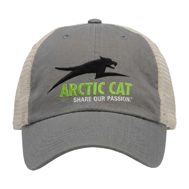 A gray and beige trucker hat with a black polar bear graphic and green and white embroidered text reading 'ARCTIC CAT SHARE OUR PASSION.' on the front panel, shown against a plain white background. 5327-110 - HAT, AIR CAT 2027, GRAY - ARCTIC CAT CLOTHING -2