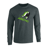 A dark heather gray long-sleeve t-shirt with a 'Team Arctic' graphic on the chest, featuring a stylized skier in green, white, and black, on a plain white background. 5327-16 - LSLEEVE, TEAM ARCTIC 2027, GRAY - ARCTIC CAT CLOTHING