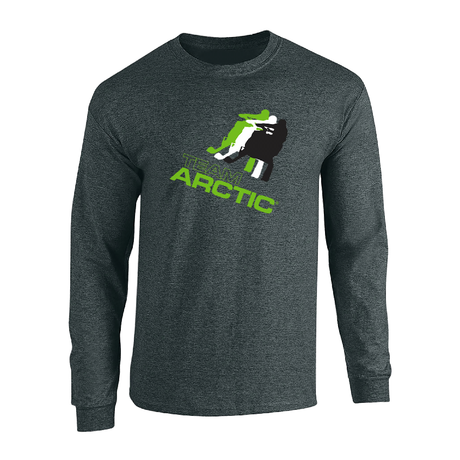 A dark heather gray long-sleeve t-shirt with a 'Team Arctic' graphic on the chest, featuring a stylized skier in green, white, and black, on a plain white background. 5327-16 - LSLEEVE, TEAM ARCTIC 2027, GRAY - ARCTIC CAT CLOTHING
