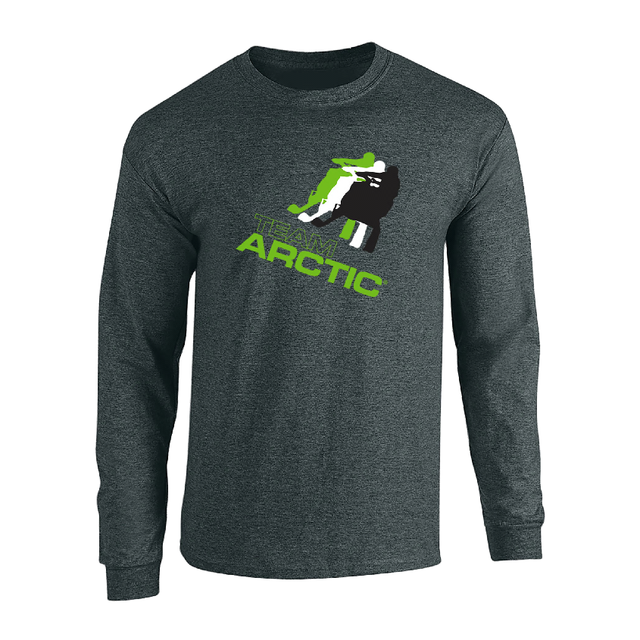 A dark heather gray long-sleeve t-shirt with a 'Team Arctic' graphic on the chest, featuring a stylized skier in green, white, and black, on a plain white background. 5327-16 - LSLEEVE, TEAM ARCTIC 2027, GRAY - ARCTIC CAT CLOTHING