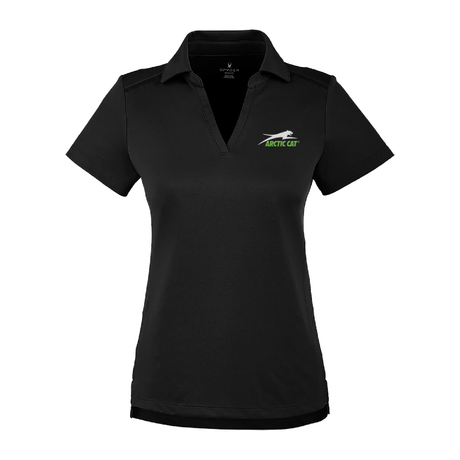 A black short-sleeve polo shirt with a V-neck, featuring a green and white 'Arctic Cat' logo on the left chest, displayed on a clean white background.