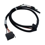 A black corrugated wire harness with a multi-pin connector on one end and several wire leads on the other, photographed on a plain light  600-0245 - HARNESS, HEATER - ARGO PARTSbackground.
