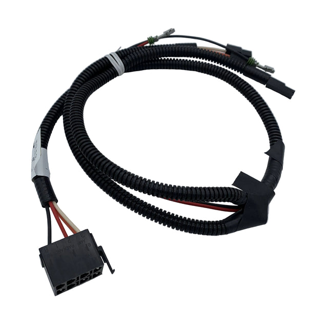 A black corrugated wire harness with a multi-pin connector on one end and several wire leads on the other, photographed on a plain light  600-0245 - HARNESS, HEATER - ARGO PARTSbackground.