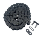 A coiled black metal chain with two small metal hardware pieces placed beside it on a plain light background. 606-101 - CHAIN RC60-1X68P - FR650HD - ARGO PARTS