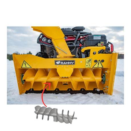 Yellow Rammy snowmobile snow blower attachment shown in a snowy outdoor setting, with a separate gray auger spiral part pictured below and a Rammy logo at the top left. 74130020 - AUGER - RAMMY PARTS
