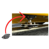 Rammy brand product diagram showing a small black circular sensor or attachment pictured separately, with a red arrow pointing to a close-up installation area on yellow and dark  74130149-1 - BEARING - RAMMY PARTS
