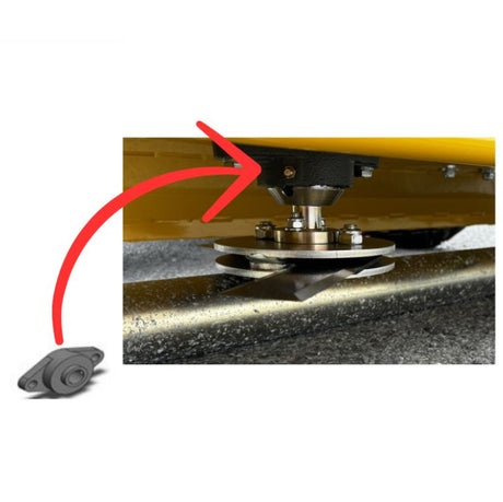 Rammy brand product diagram showing a small black circular sensor or attachment pictured separately, with a red arrow pointing to a close-up installation area on yellow and dark  74130149-1 - BEARING - RAMMY PARTS